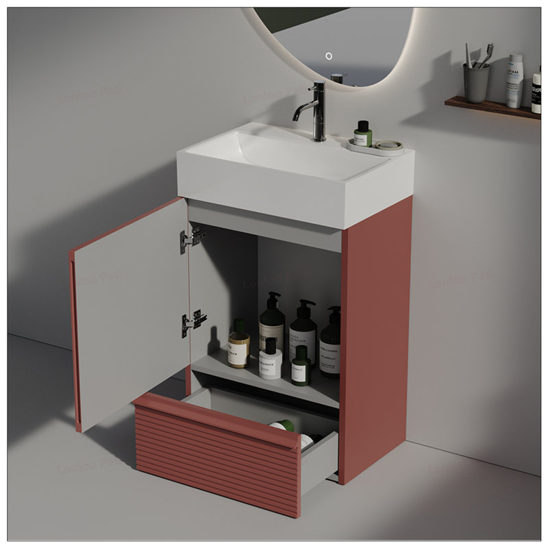 Meuble-lavabo autoportant de 20 po avec lavabo et tiroir en céramique, Rouge, Blanc
