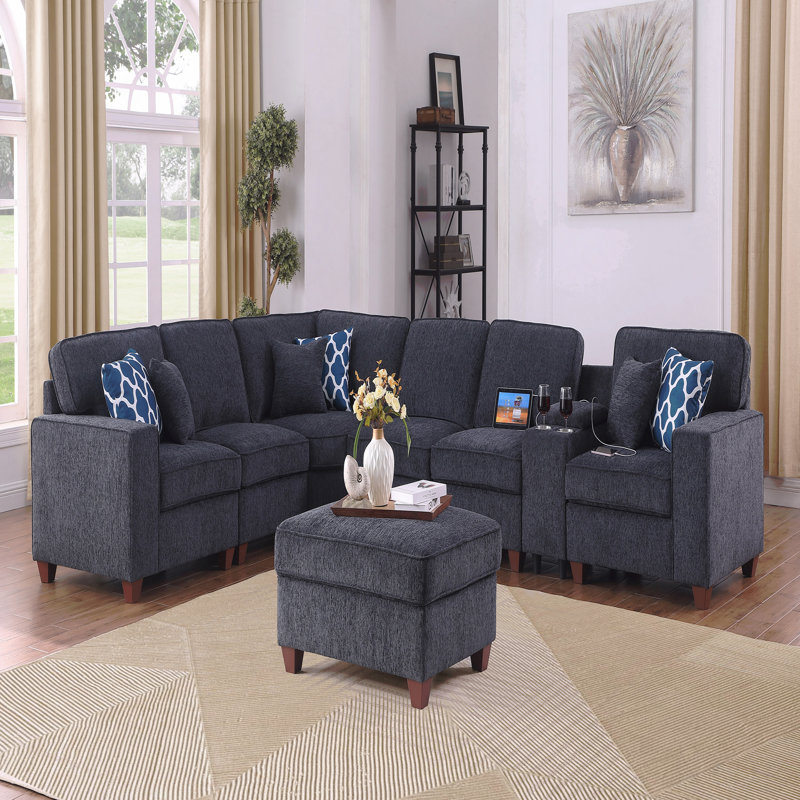 Canapé modulaire avec repose-pieds, Chenille - Noir, 35 po H x 136,25 po L x 99,25 po P