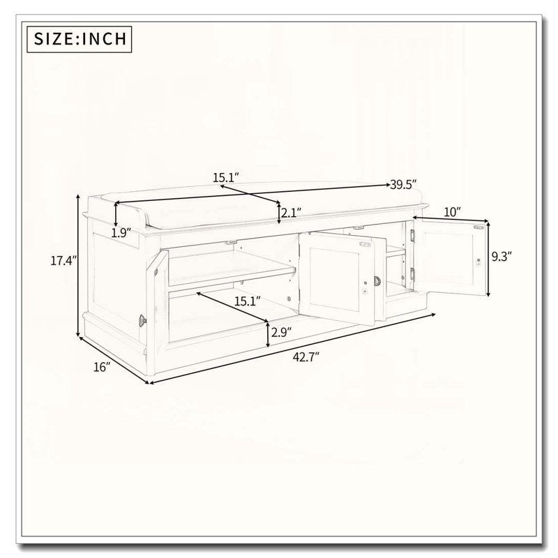 Banc de rangement avec 4 portes, tablettes réglables et coussin amovible, Blanc