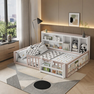 Wooden Platform Bed Frame with Guardrail Fence, Side Storage Shelves & Book Shelf, Space Saving Floor Bed