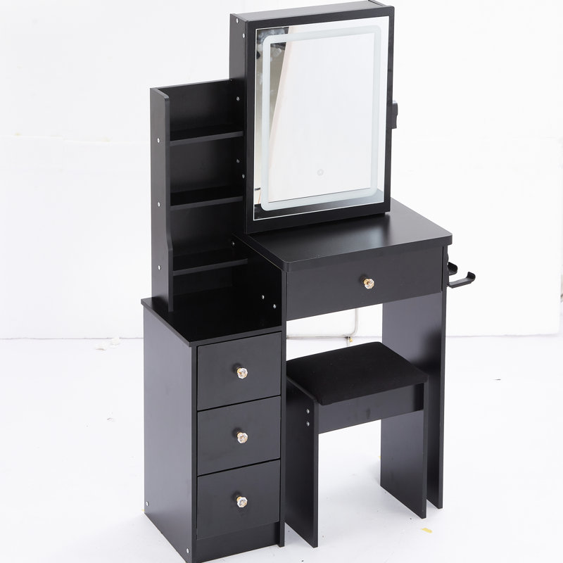 Compact Left Bedside Vanity With Stool, 2 Ac And Outlets, Touchscreen Sliding Led Mirror, 3 Color Settings, , Black Kitchen Desk + - Large Touch Control Switching, Cushioned American Style