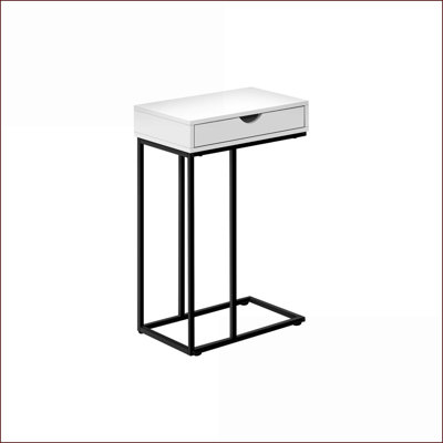 Table basse en forme de C pour économiser de l'espace Chambre à coucher, plateau en stratifié blanc avec cadre en métal noir Tiroir de rangement
