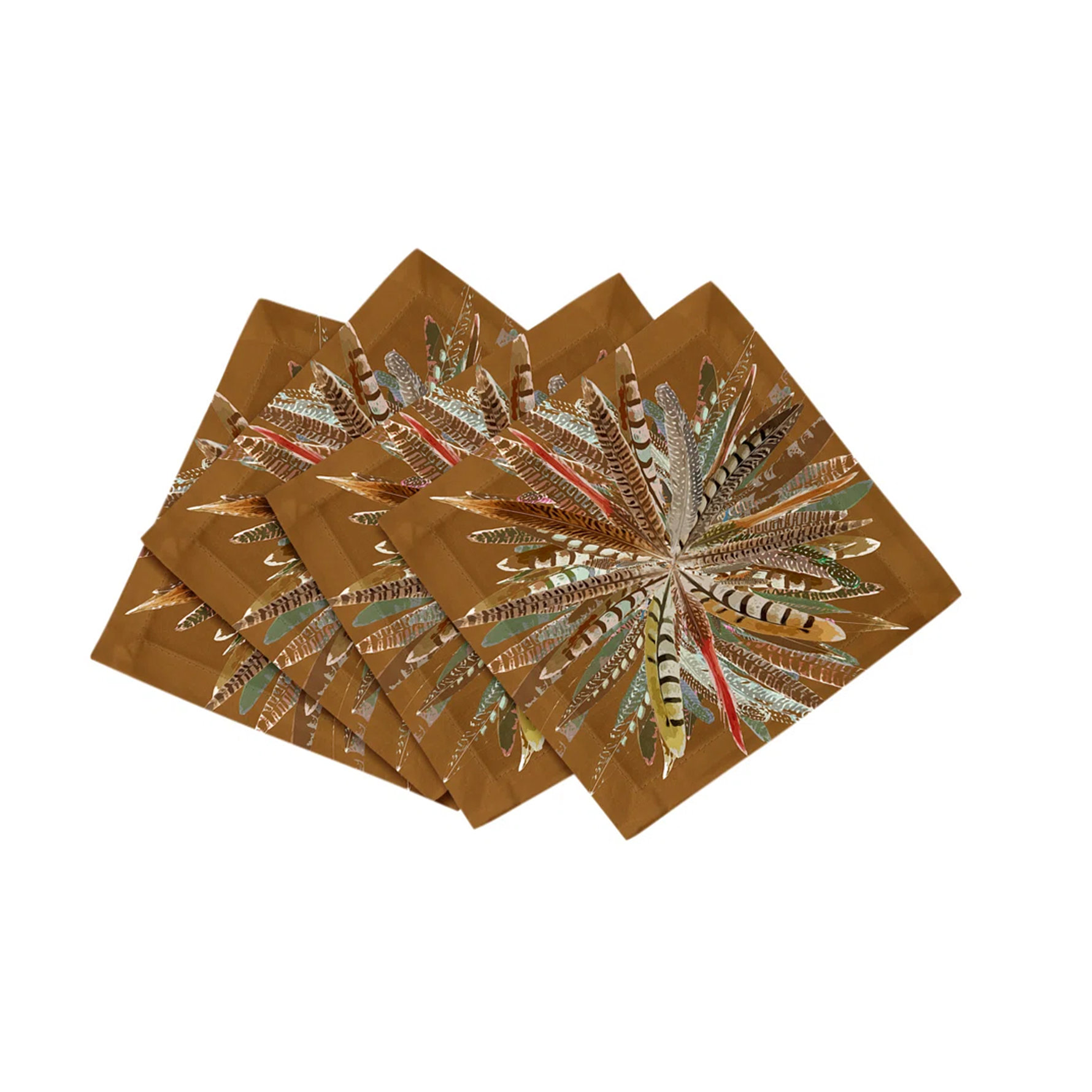 Set of four brown dinner napkins featuring a vibrant, starburst-like print of multi-colored patterned feathers.