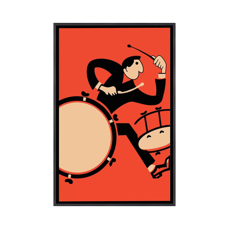 «The Drummer» par Mark Rogan - reproduction, H 26 po x l 18 po x 1,5 po, Aucun mat, Toile avec cadre noir patiné