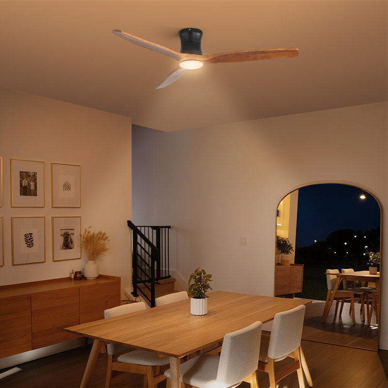 Ventilateur de plafond à DEL encastré à 3 lumières de 52 po avec 3 lumières et transition, Bois brun
