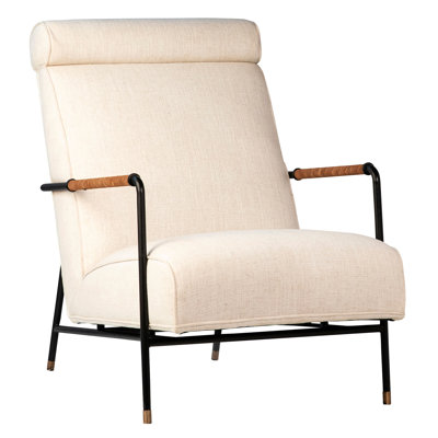 Ortiz Cotton Upholstered Tall Back Occasional Chair With Black Steel Frame With Brown Suede Wrapped Arm Rests