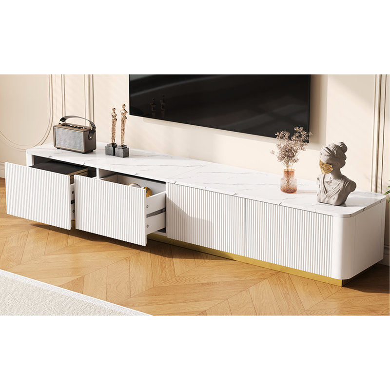 Meuble télé cannelé pour téléviseur de 85 po, 4 tiroirs, base dorée, placage en faux marbre blanc et cadre, Blanc