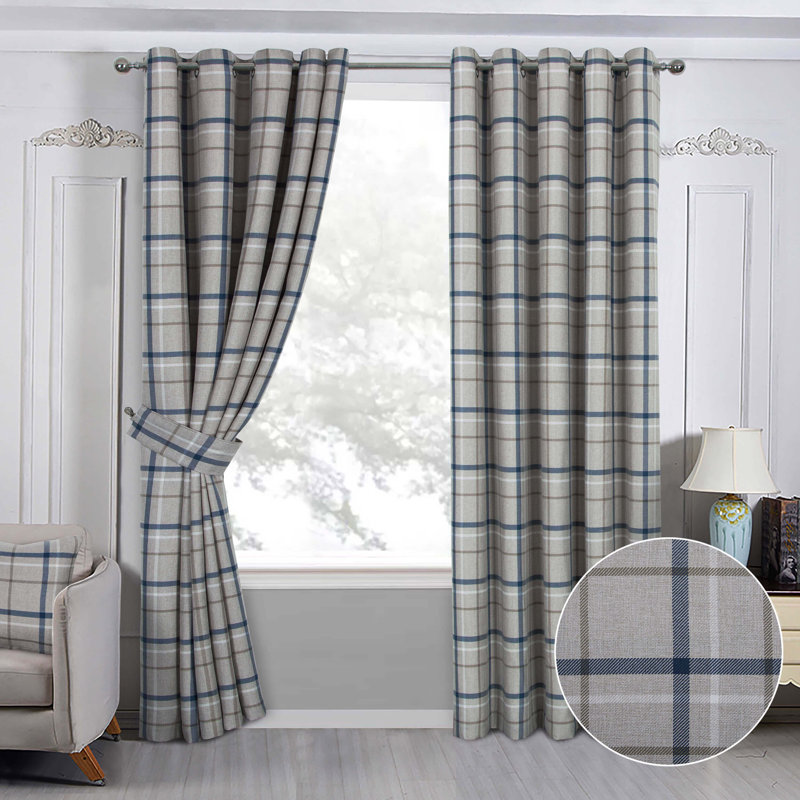 Groover Check Eyelet Room Darkening Curtains, 114cm Width x 183cm Drop , Grey