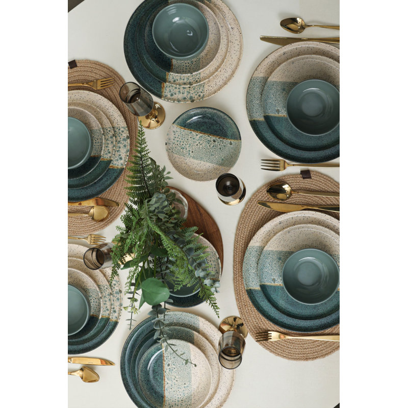 24-Piece Dinner Set, Green & Cream Ceramic Stoneware | Antibacterial, Thermal Shock Resistant, Easy Clean | Includes 6 Service Plates (11 in), 6 Dinner Plates (7 in), 6 Bowls (4.7 in), 6 Dessert Plates (8.7 in) | Dishwasher & Microwave Safe