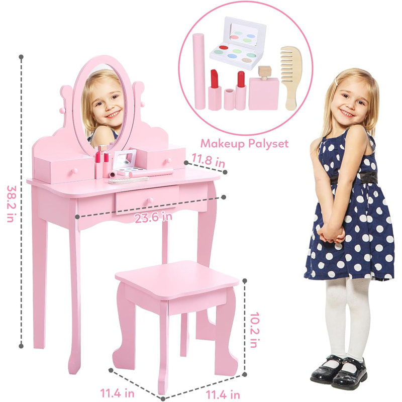Make Up Vanity Set with Mirror and Stool Wooden Makeup Table for Girls Ages 4 to 9 Kids Vanities Dress Up Playset for Bedroom and Playroom Furniture