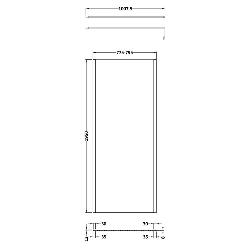 1100Mm Outer Framed Wetroom Screen With Support Bar, 195cm H x 80cm W x 1.4cm L