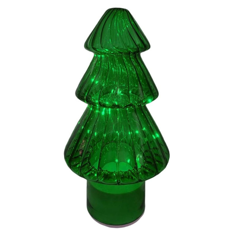 12" GREEN GLASS LIGHT-UP REVOLVING CHRISTMASS TREE