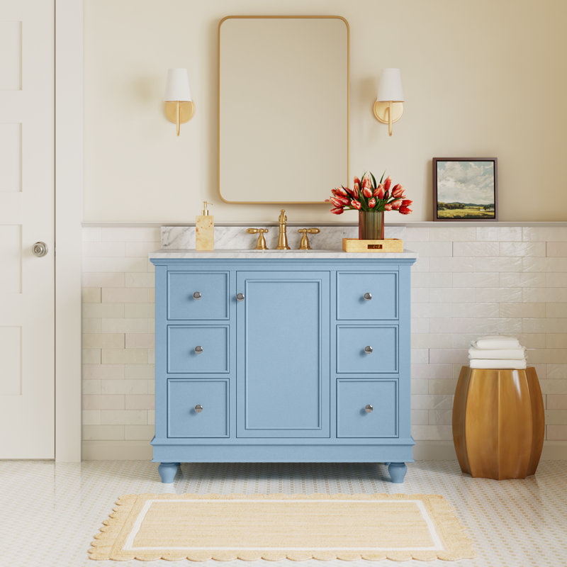 Ferdinand 42'' Single Bathroom Vanity with Top, Powder Blue, Carrara Marble