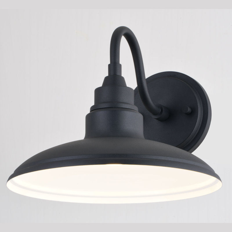 8 in. H 1-Light Textured Black and Glossy White Farmhouse Outdoor Wall Sconce, Durable Metal Shade, Integrated LED, Dark Sky Compliant, Exterior Porch Patio Front Door or Garage