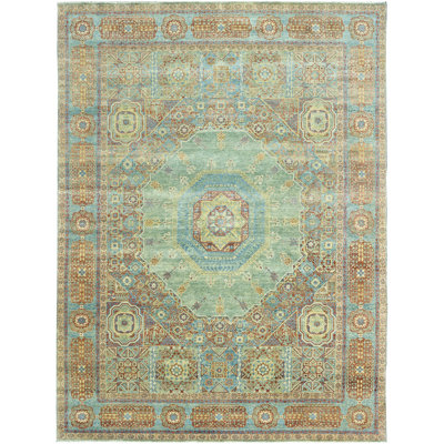 Hand Knotted Wool Area Rug in Green And Light Blue