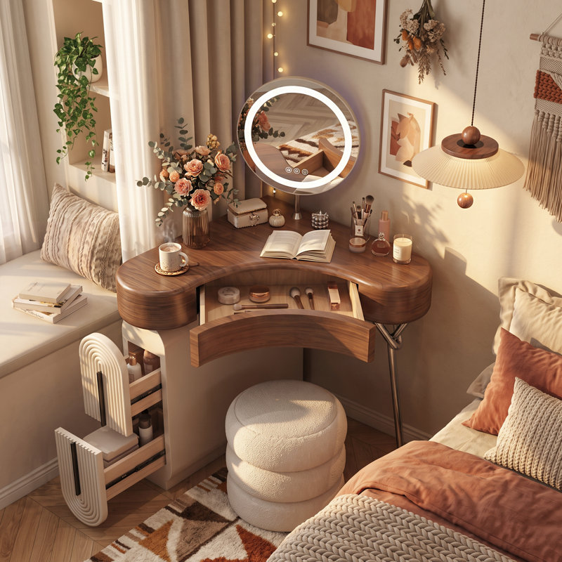Bureau de coiffeuse de coin moderne en L noyer avec tiroirs de rangement pour petits espaces