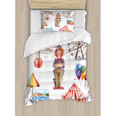 Circus Elements with Clown Elephant Balloons Ice Cream Cart Watercolor Illustration Duvet Cover Set -  Ambesonne, nev_15460_twin