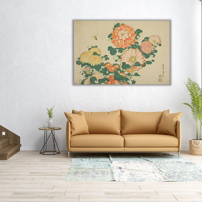 Abeille et chrysanthèmes - reproduction d'art sur toile, H 20 po x l 30 po