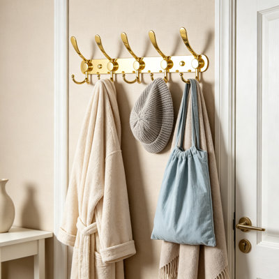 Porte-manteau mural à 5 ​​crochets triples, robuste, en acier inoxydable et aluminium, pour entrée, idéal pour manteaux, chapeaux, serviettes, sacs à main, peignoirs, vestiaire, salle de bain, ensemble de 2