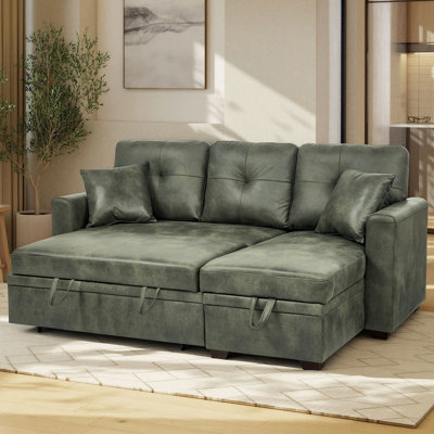 71" L-Shaped Pull-out Sofa Bed, Convertible Sectional Sleeper Couch with Reversible Storage Chaise, Green
