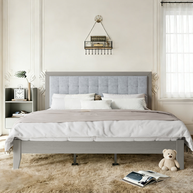 Upholstered Platform Bed with Tufted Headboard, Rubberwood Bed Frame with High Clearance, Weight Capacity 800 lbs, No Box Spring Needed, Grey, Queen
