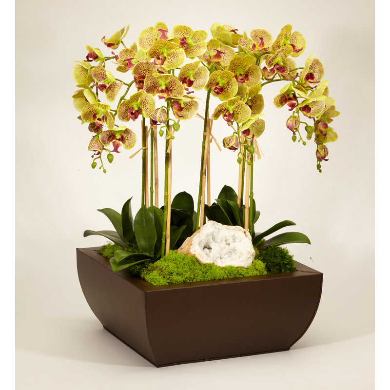 Orchid and Geode Centerpiece in Metal Planter, Green