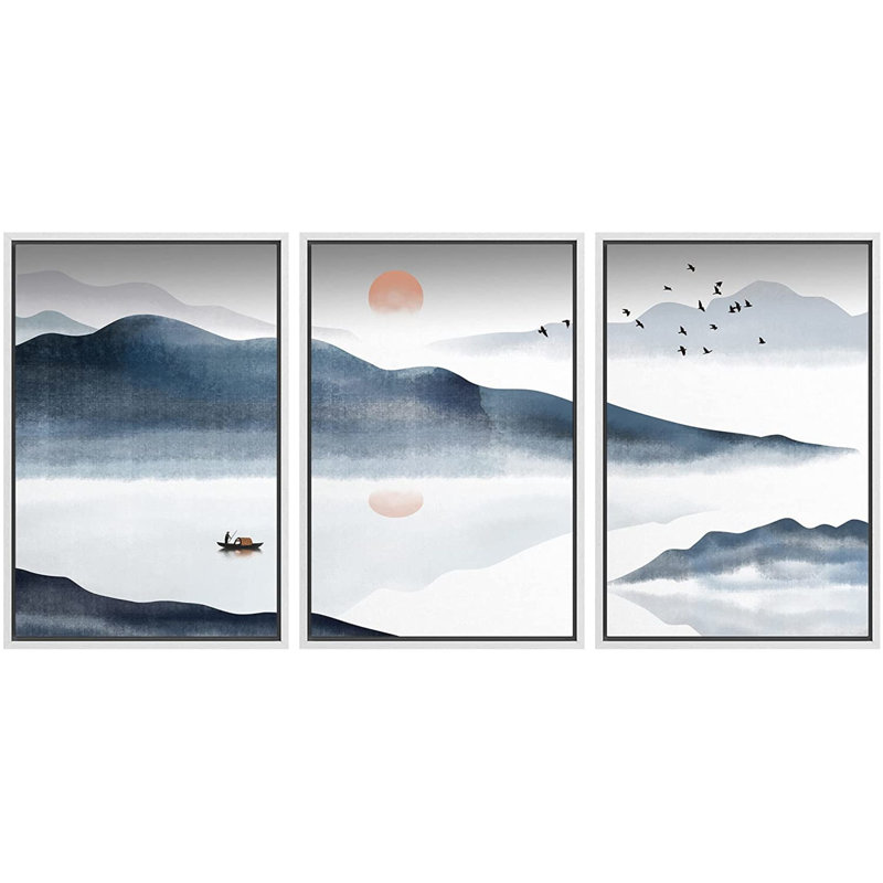 «Abstract Landscape Mountain Range Boat Ocean», peinture sur toile flottante 3 pièces, H 24 po x l 48 po, Cadre blanc