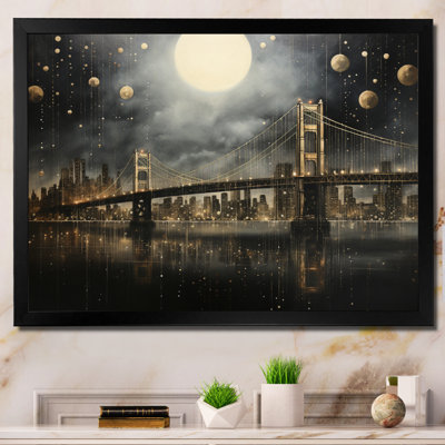 " Yellow Bridge Cable Suspension Charcoal " Mixed Media Print