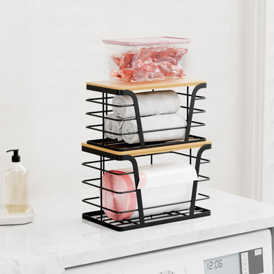 Ensemble de 2 organisateurs de cuisine à lessive empilables, support de sac poubelle mural avec plateau en bambou et distributeur de sac à ordures sans perceuse