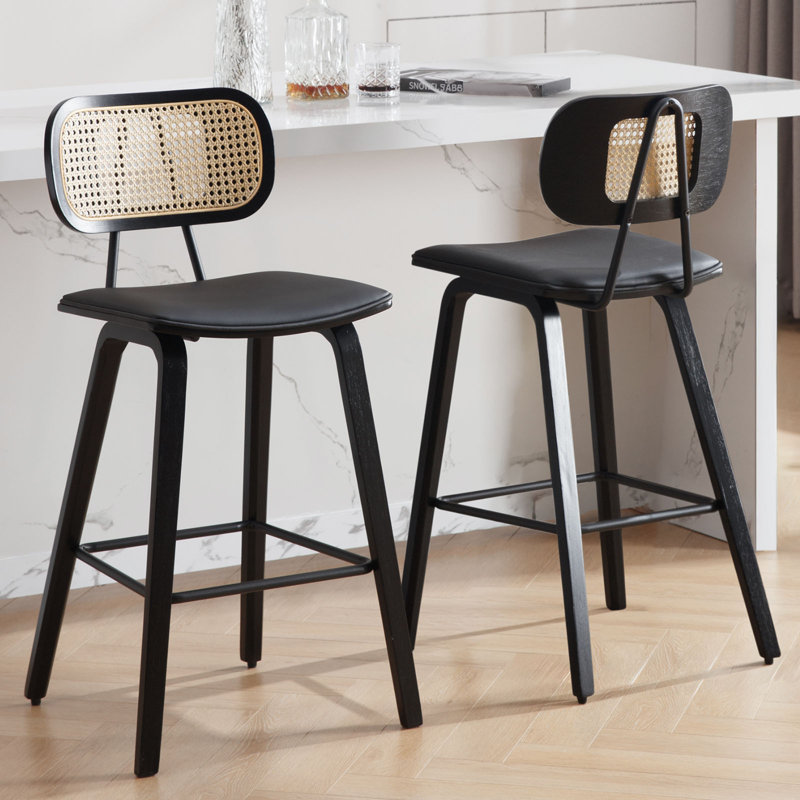26" Upholstered Rattan Counter Height Stool, Black, Black