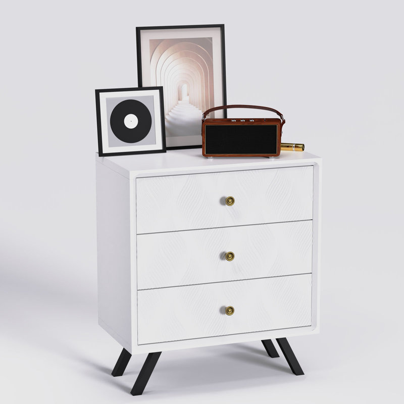 Modern Drawer Dresser Nightstand With 3-drawer And Wave Pattern Design, Bedside Table With Metal Legs