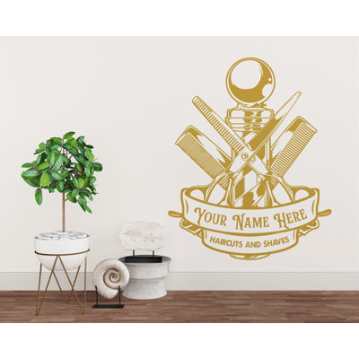 Décalcomanie murale Custom Barber Shop - Logo personnalisé de coupes de cheveux et de rasages avec ciseaux et peigne 707RS