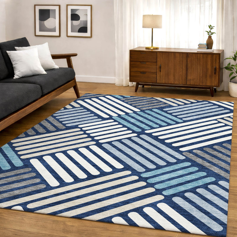 Premium Machine Washable Mayfield AMF2339 Geometric Rug, Navy, 5' x 7'6"