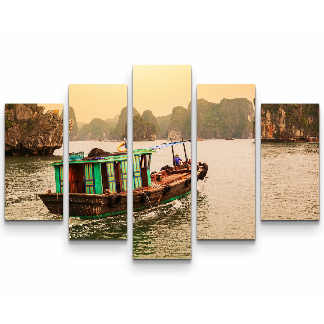 5-tlg. Leinwandbilder-Set Halong-Bucht mit buntem Boot - Vietnam