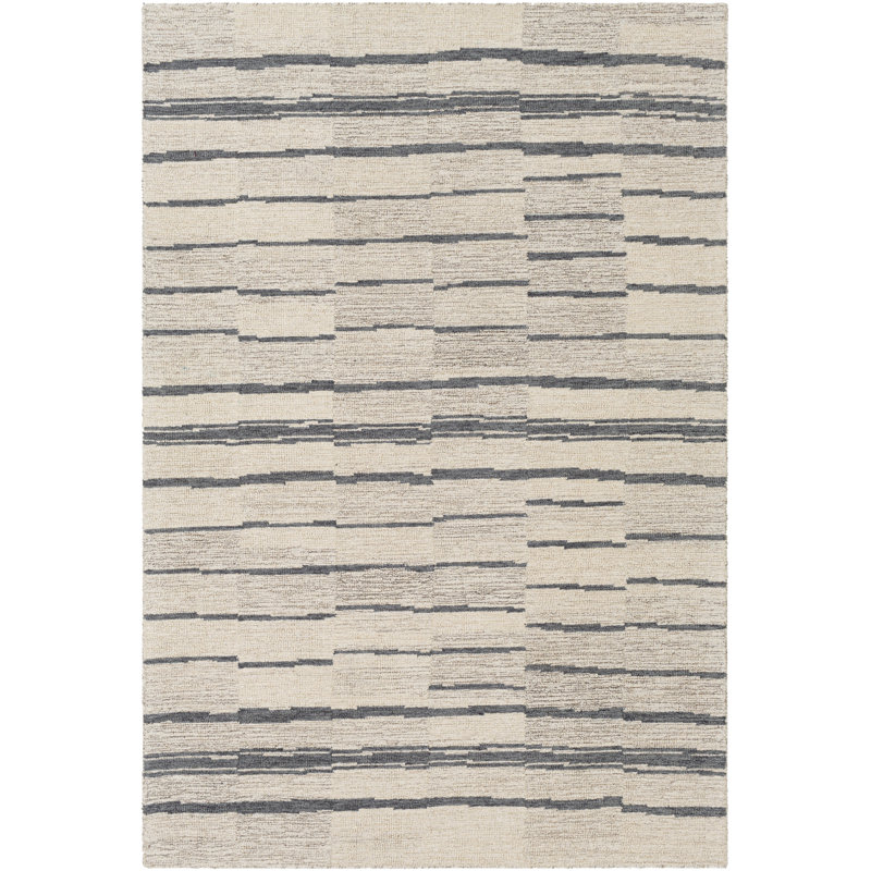 Tapis crème / noir en laine touffeté à la main Carlean, Rectangle 8 pi x 10 pi