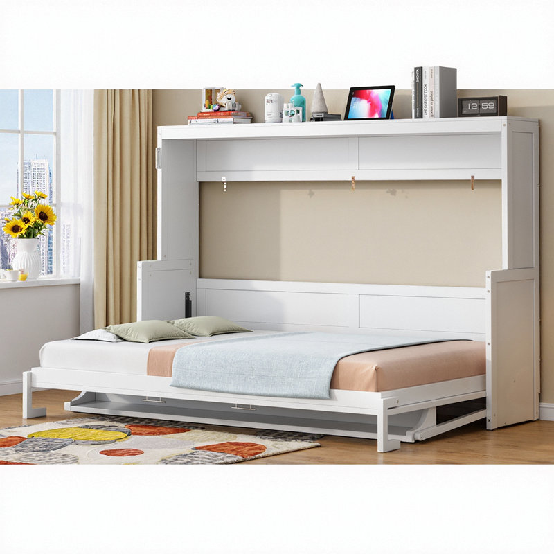 Grand lit escamotable mural avec bureau intégré, Blanc