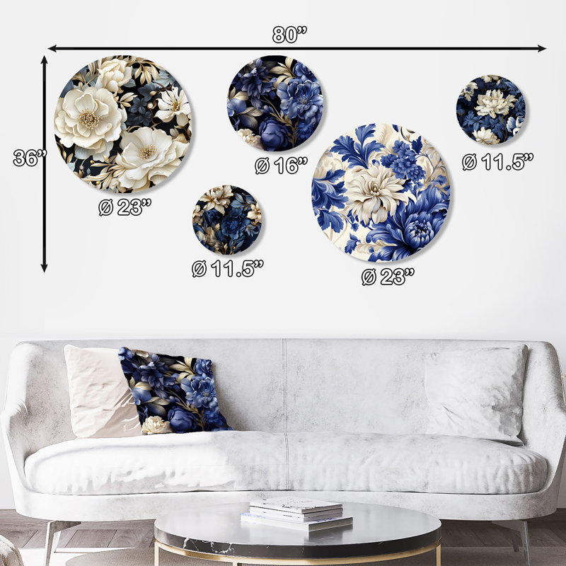Elegant Blue and White Floral Metal Wall Art Set of 5