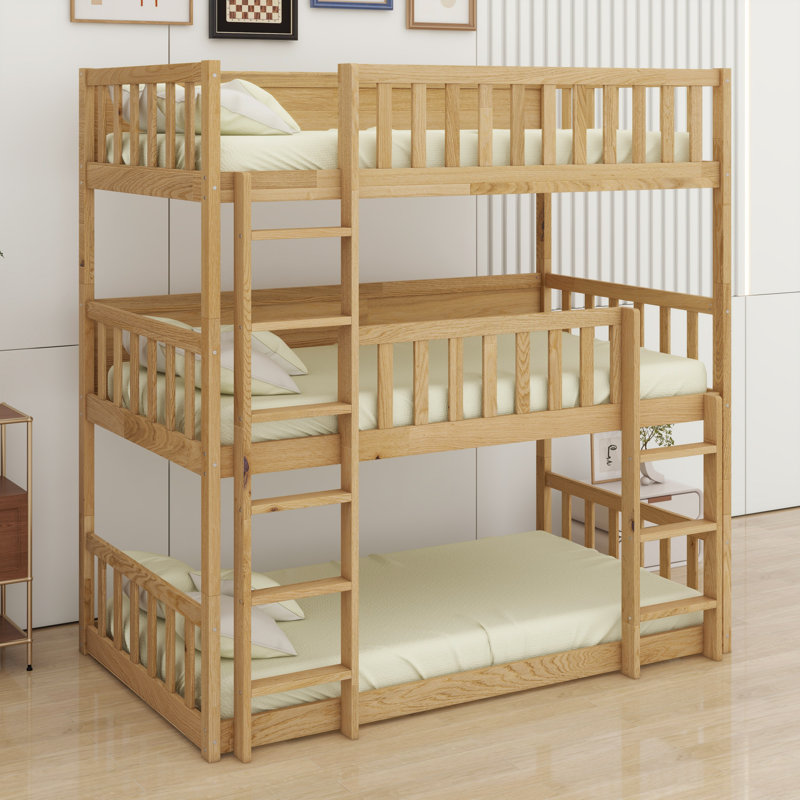 Triple Wood Bunk Bed, With Ladders, Guardrails, White Oak