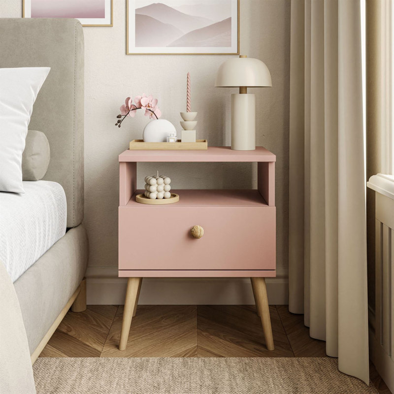 Zion 44cm W Manufactured Wood Bedside Table, Pink