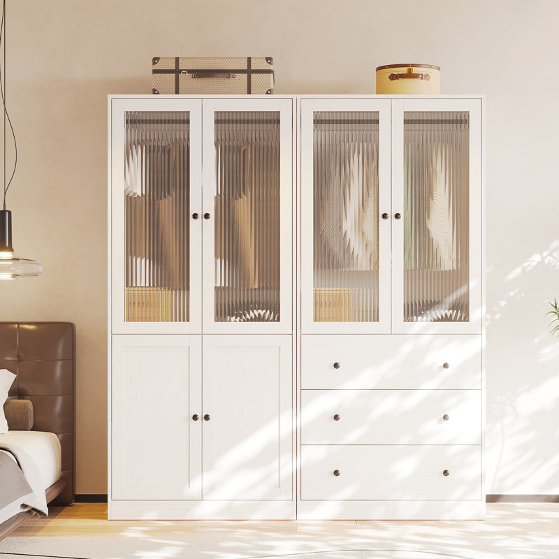 Armoire moderne 20 po x l 63 po x H 71 po avec portes à fermeture douce - garde-robe en verre cannelé avec tablettes et tiroirs