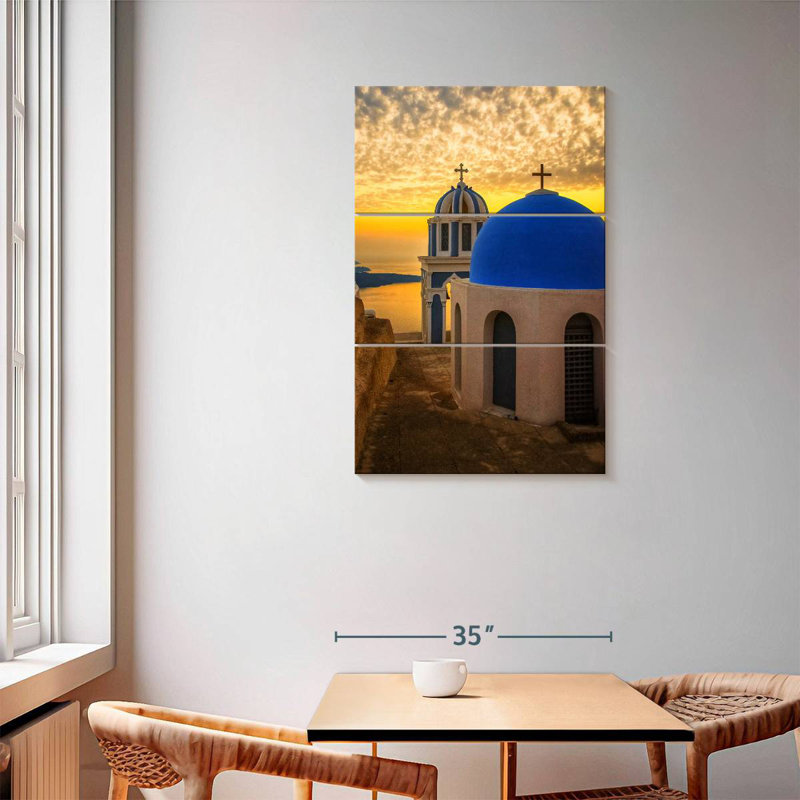 Adella Santorini, églises au crépuscule, H 57 po x l 36 po