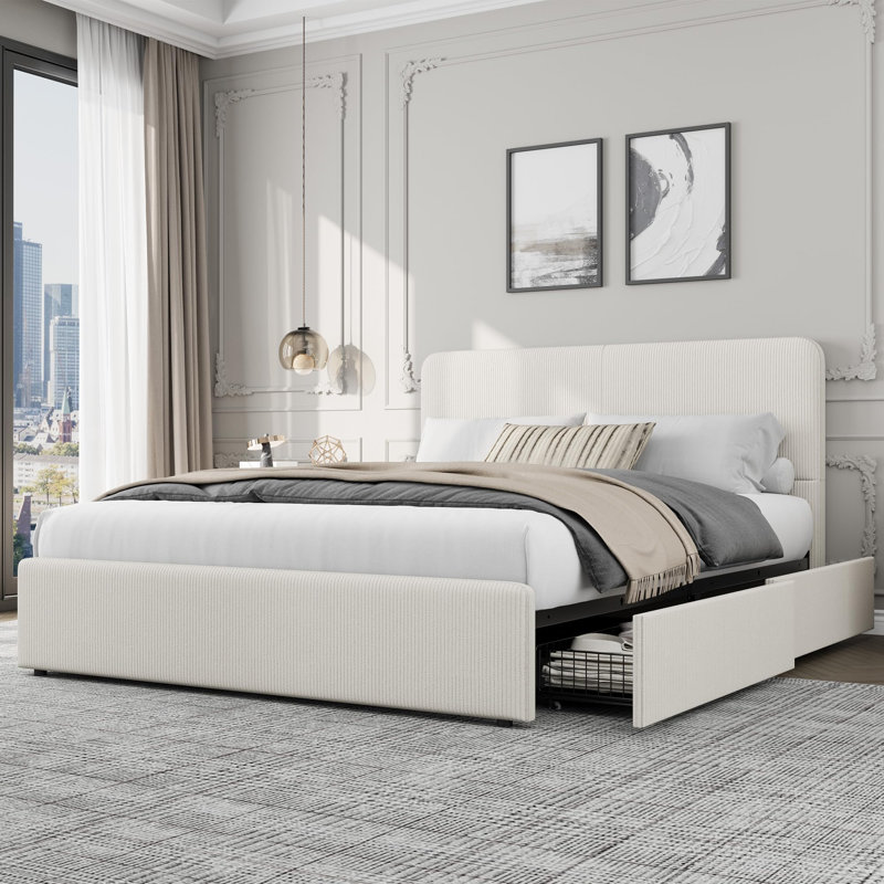Upholstered Bed Frame with Headboard, Storage Drawers & Wooden Slats, No Box Spring Needed, White, Queen