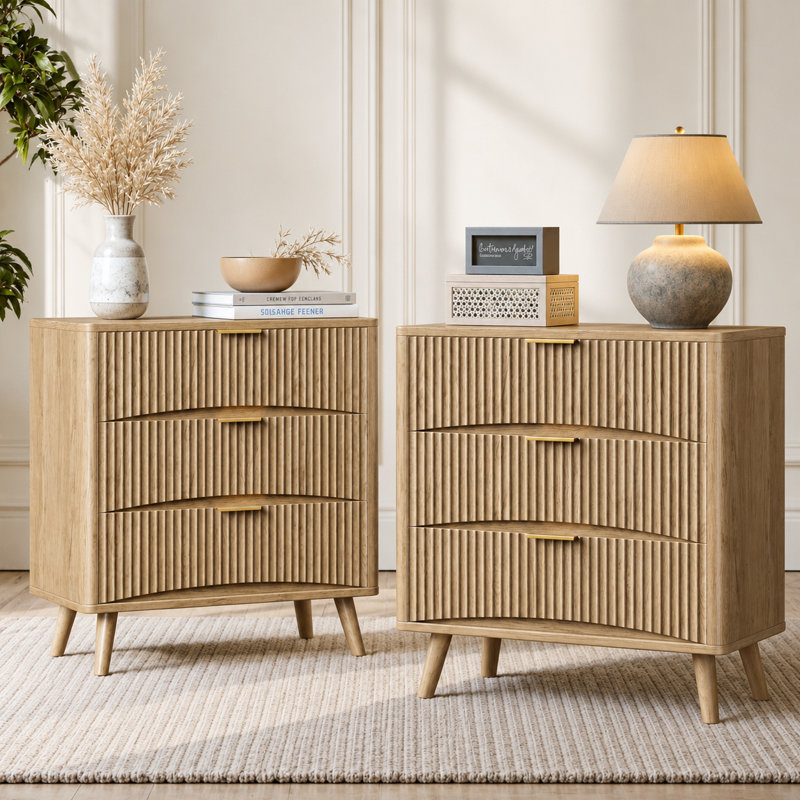 Ensemble de 2 tables de chevet cannelées de grande taille (31,5 po), 3 tiroirs, en bois, dimensions : 74,5 cm (29,35 po) H x 80 cm (31,5 po) L x 40 cm (15,75 po) P