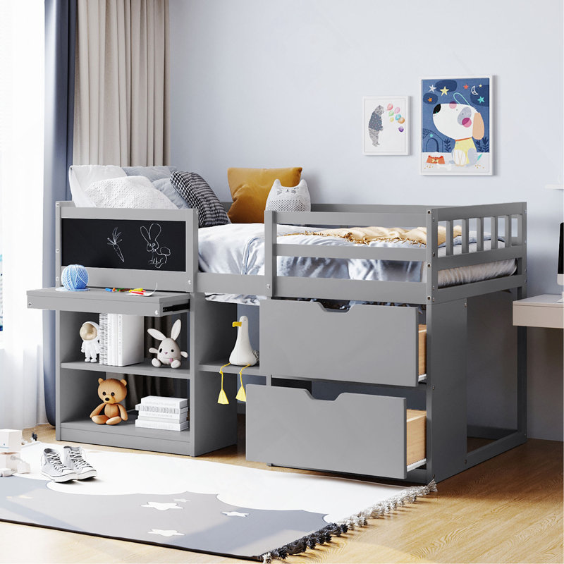 Twin Size Low Loft Bed With Rolling Desk, Shelf And Drawers, Grey