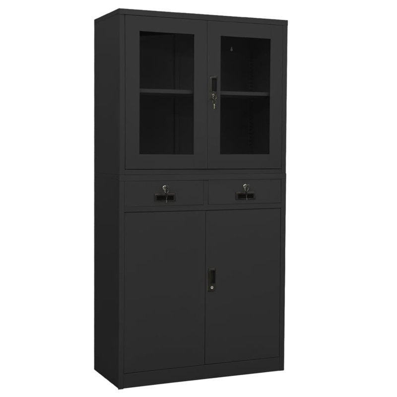 Filing Cabinet Storage Cabinet for Office Steel and Tempered Glass, Anthracite