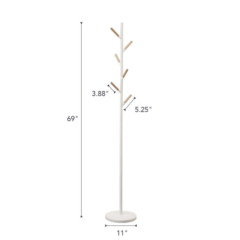 Yamazaki Home Plain Freestanding Coat Hanger Rack With Wooden Hooks, Space Saving, 70" - Steel, White