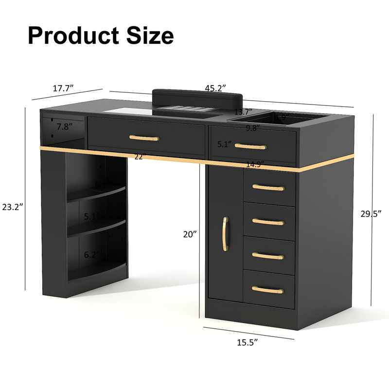 Table de manucure professionnelle avec collecteur de poussière, présentoir en verre et espace de travail spacieux