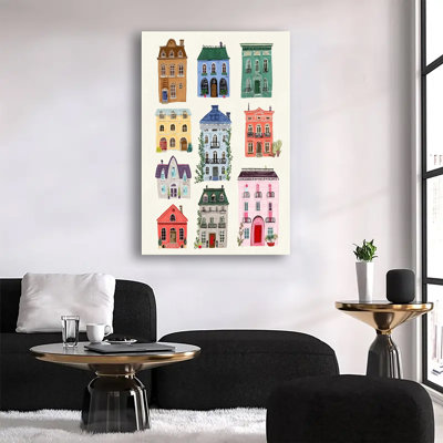 Cute Whimsical Colorful European Town Houses Illustration, Large Gallery Wrapped Canvas Wall Art Print For Living Room Bedroom