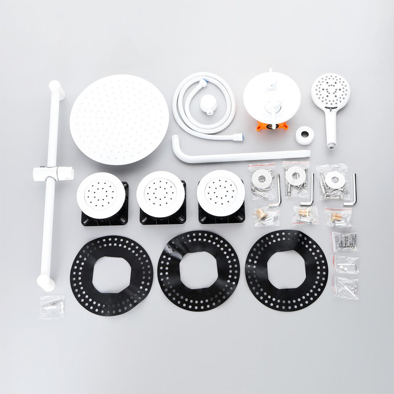 White Bathroom Shower Kit: Head, Hand Shower, Slide Bar, Bodysprays, Arm, Hose, Valve Trim, Lever Handles Modern Object With Head - Brass,