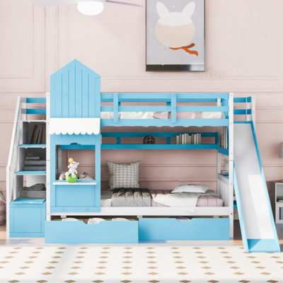 Twin-Over-Twin Castle Style Bunk Bed With 2 Drawers 3 Shelves And Slide - Blue -  Wenty, WFYUKI99686A